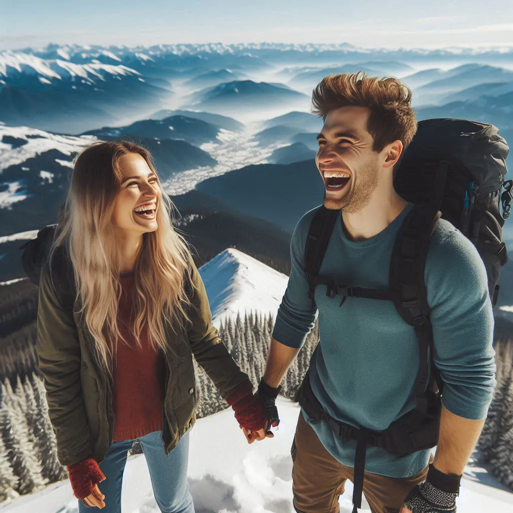 Coppia felice in cima a una montagna innevata durante un viaggio personalizzato